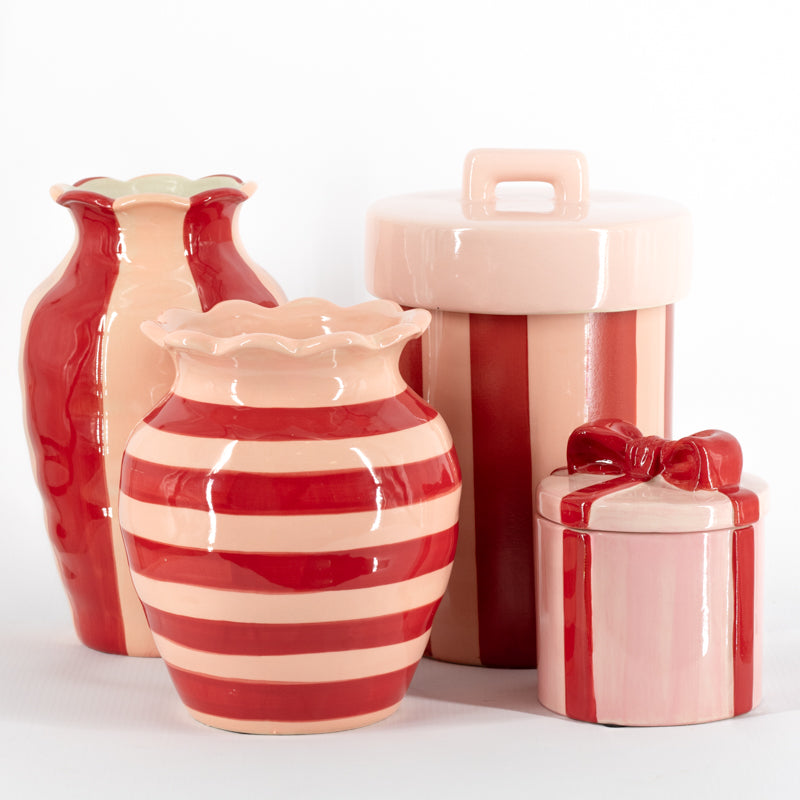Aardewerk opbergbox roze/ rood gestreept