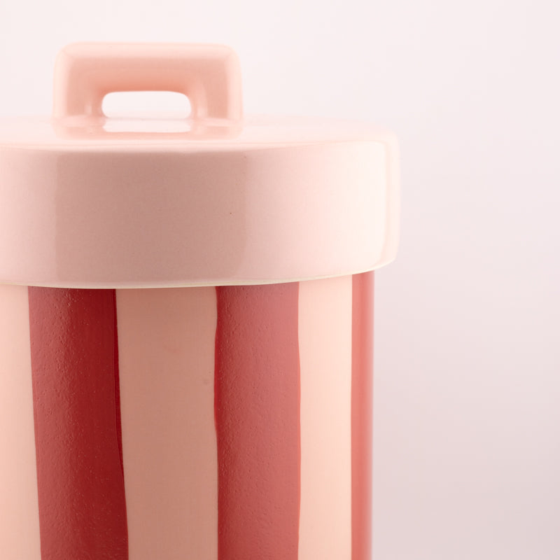Aardewerk opbergbox roze/ rood gestreept