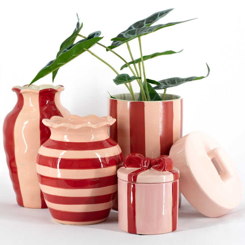 Aardewerk opbergbox roze/ rood gestreept