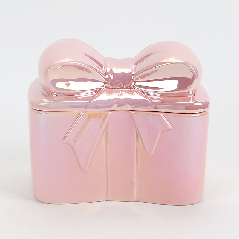 Aardewerk opbergbox roze met strik